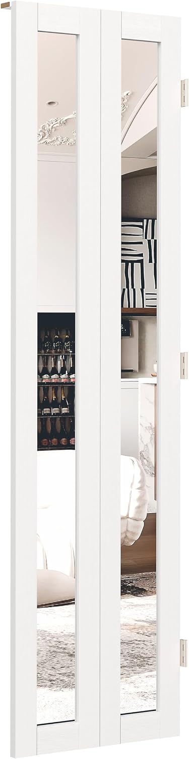 180 Degree Bifold Door, for 24″x 80″ Door Openings, White 1-Lite Mirrored Folding Door with Hinges Hardware Set, Full Access Bifold Closet Doors Perfect for Interior Openings
