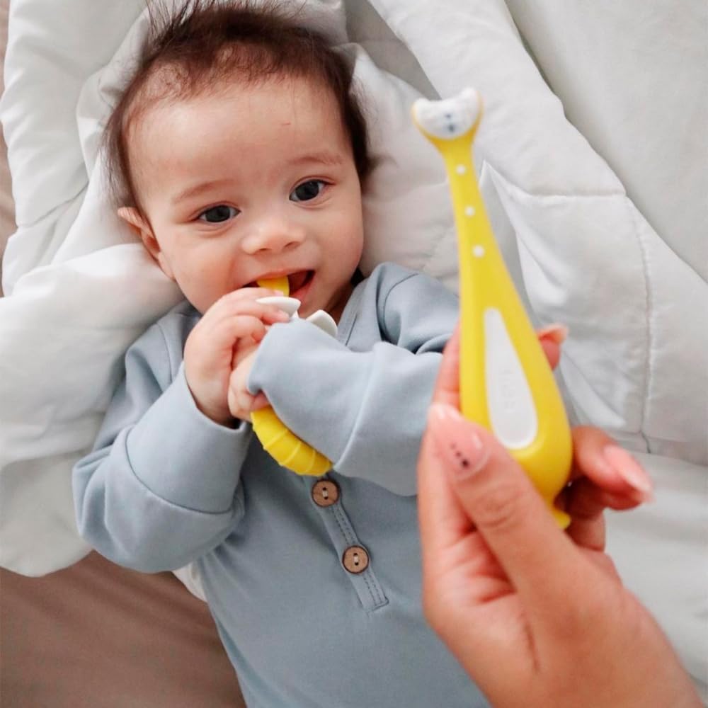 Frida Baby Grow-with-Me Training Toothbrush Set,Infant Baby Tooth Brush & Toddler Toothbrush 6-18 Months,Soft Silicone Bristles,BPA-Free Oral Care for Sensitive Gums,Yellow,(Pack of 12)