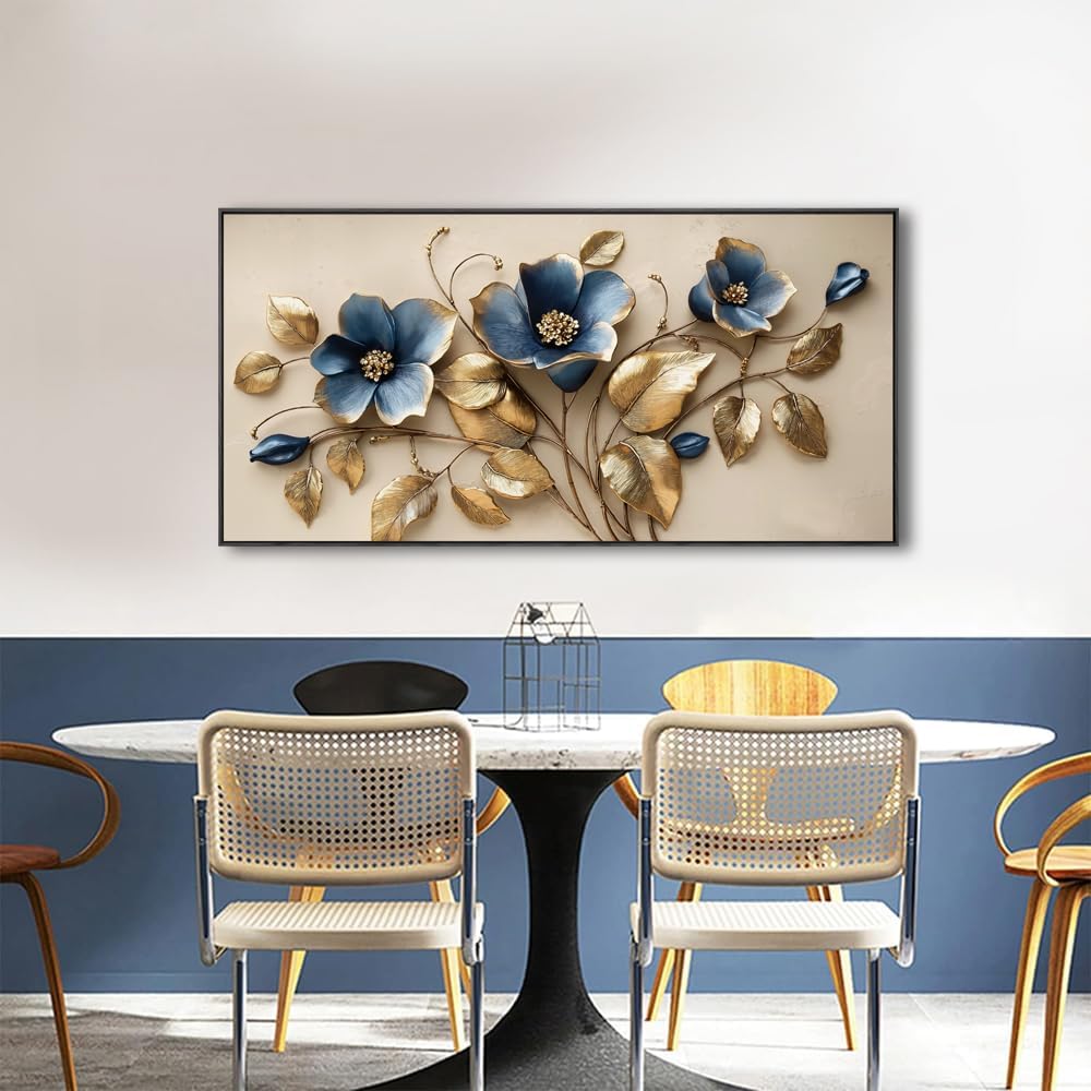 Solid wood Framed blue 3D Flowers Wall Art for Bedroom Home Decor Artwork for Wall Blue Abstract Background Golden leaf Wall Decor Canvas Print Office Living Room Decor Ready to Hang 24x48inch