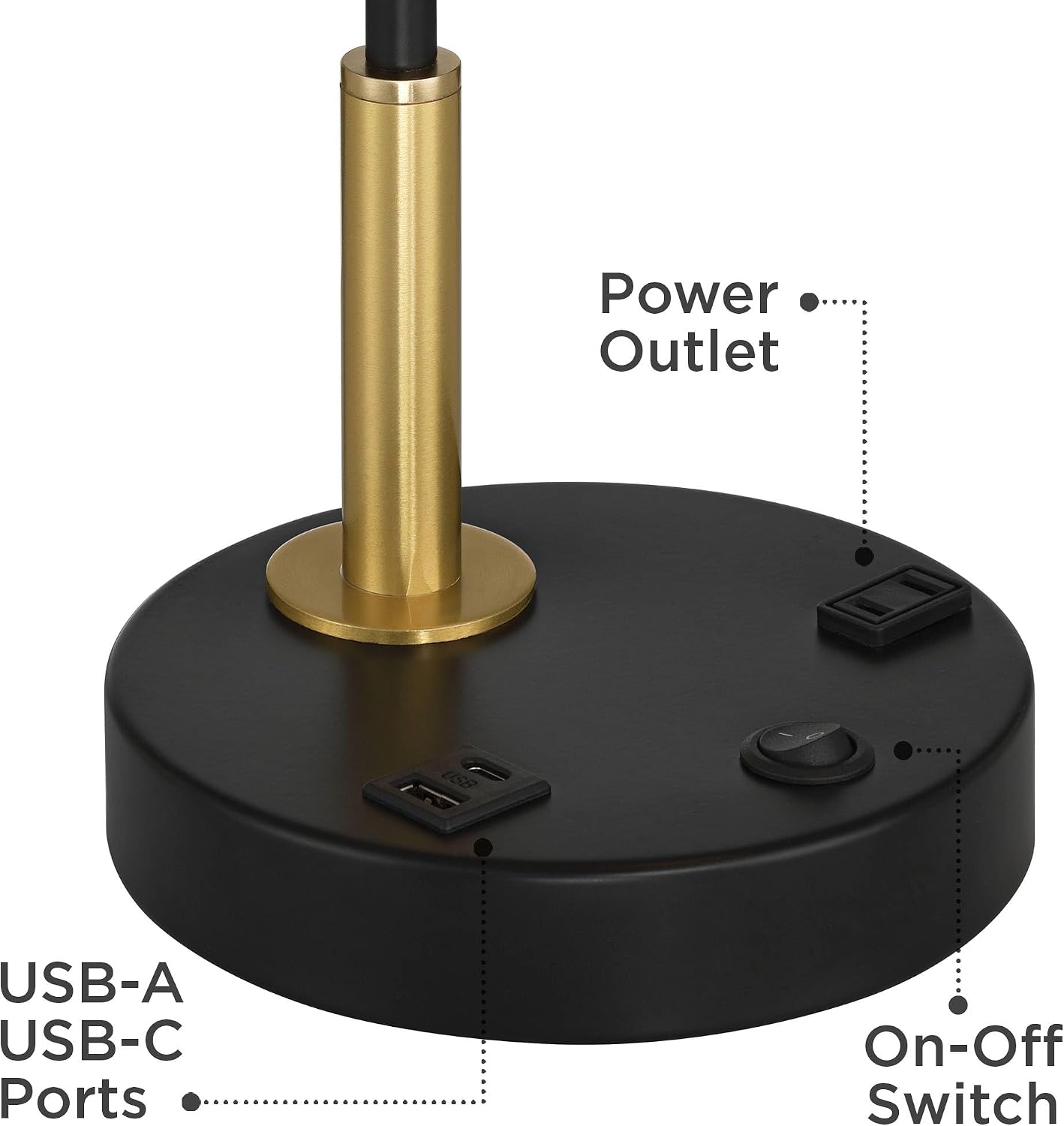 Possini Euro Design Keller 24' High Small Modern Desk Lamp USB Port AC Power Outlet Black Gold Brass Finish Metal Single Shade Home Office Living Room Charging Bedroom Bedside Nightstand House