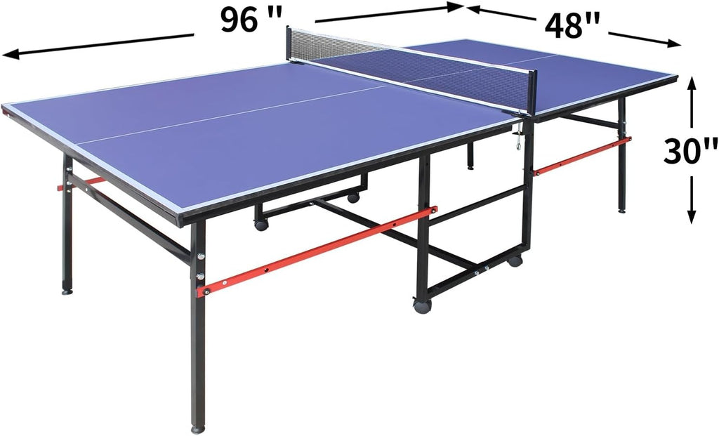 Professional Table Tennis Table, Foldable Ping Pong Game Set for Indoor, 8FT 9FT Single Player Playback Mode Ping Pong Table with Net and Post Set, 2 Paddles and 3 Balls (Blue-8x4FT)
