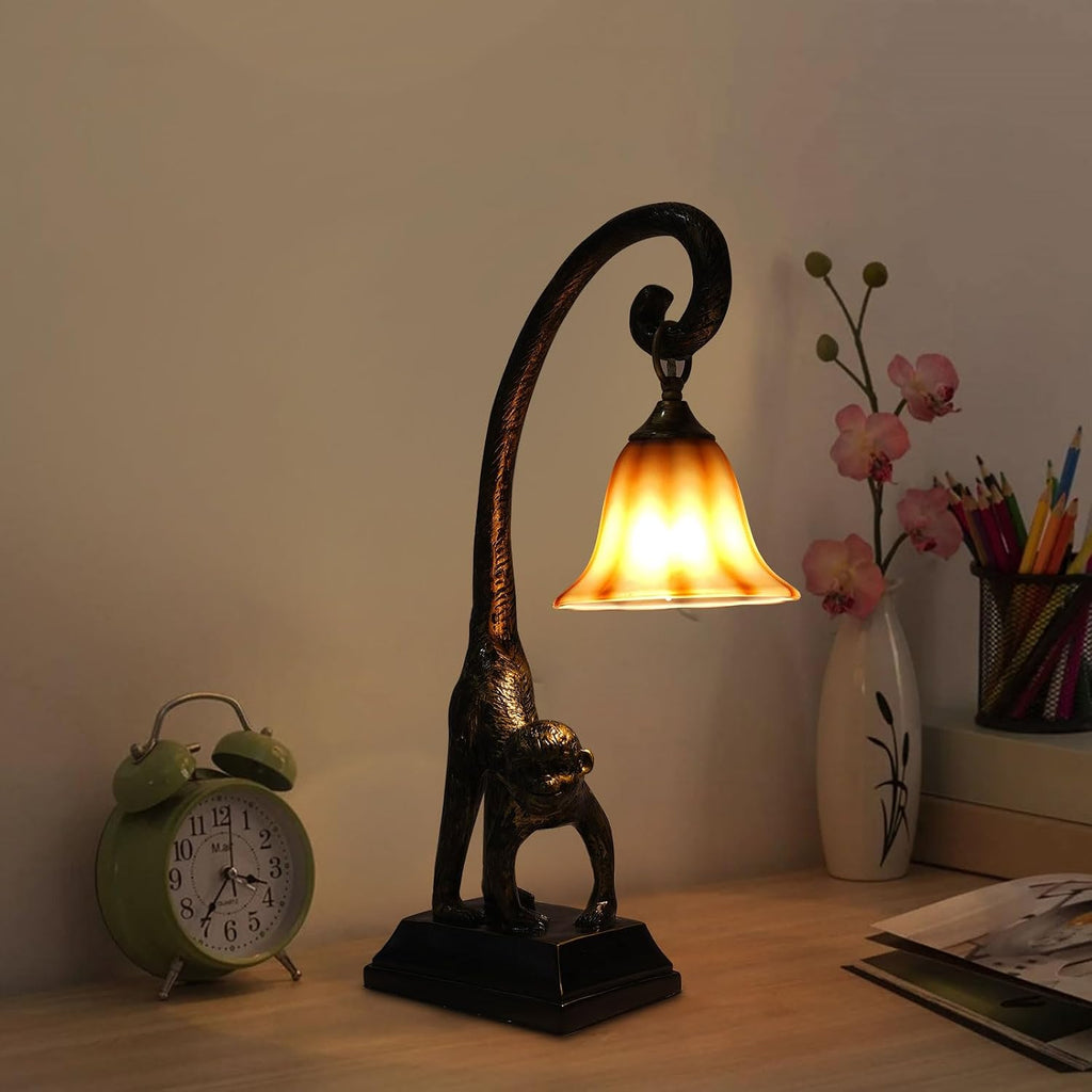 Bedside Table Lamp, Monkey Desk Lamp E26 Creative Animal Gold Resin Bed Side Lamps Sitting Monkey Lighting Fixture for Bedroom Office Bar Cafe Living Room Decor (Right)