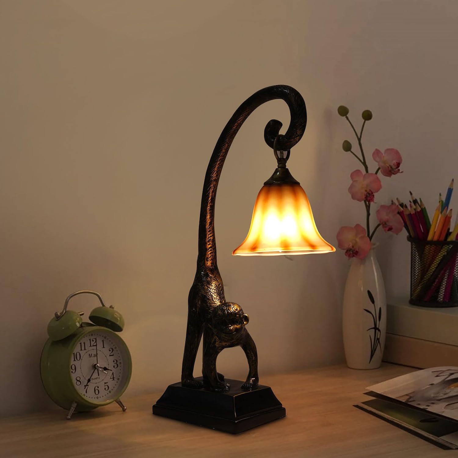 Bedside Table Lamp, Monkey Desk Lamp E26 Creative Animal Gold Resin Bed Side Lamps Sitting Monkey Lighting Fixture for Bedroom Office Bar Cafe Living Room Decor (Right)