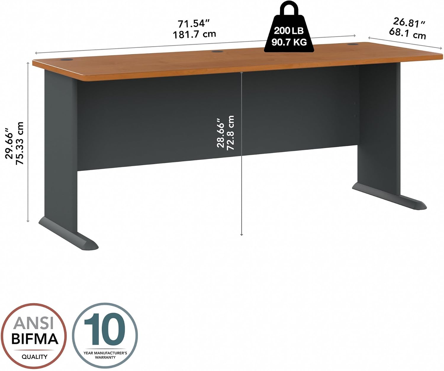 Bush Business Furniture Series A 72W Desk in Natural Cherry and Slate, Large Workstation for Home or Professional Workspace, Desktop Solution for Office Use