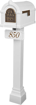 Gaines - Keystone Standard Post and Mailbox Package with Personalized Address Plaque and Decorative Cuff (White with Antique Bronze Eagle)
