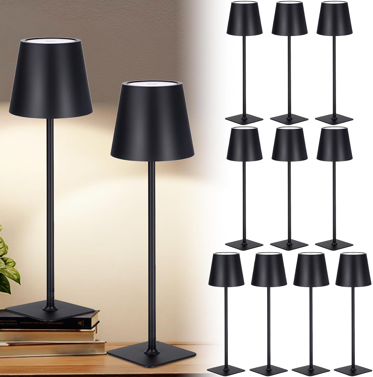 Retisee 12 Pack Cordless Table Lamp Portable LED Rechargeable Desk Lamp 3000mah Battery Operated 3 Color Stepless Dimming Waterproof Touch Control for Bedroom Restaurant (Black)