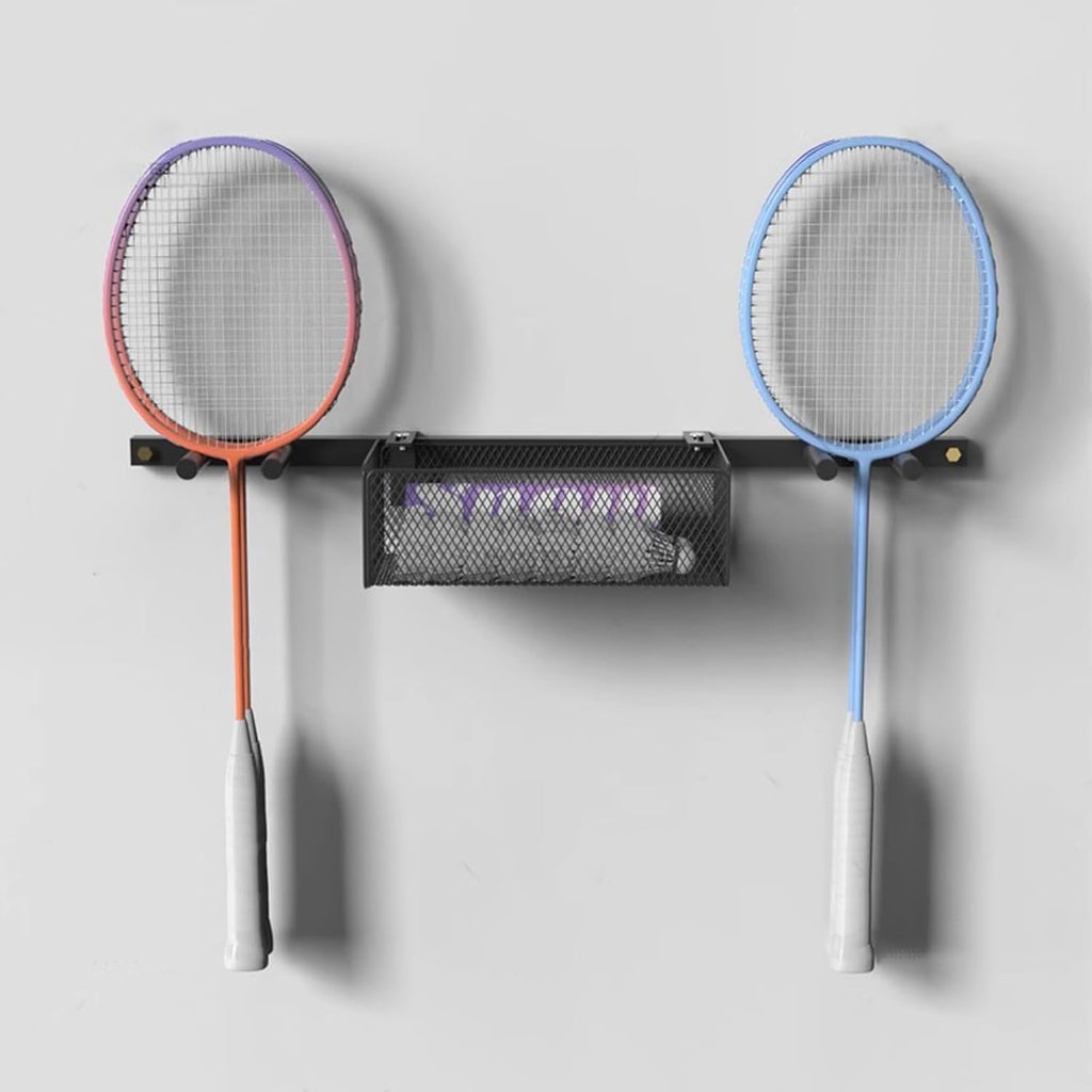 2 in 1 Wall Mounted Ball Holder Racket Rack, Hanging Equipment Organizer for Boys Bedroom/Studio/Garage, Metal Badminton Ping Pong Paddle Storage Display Stand
