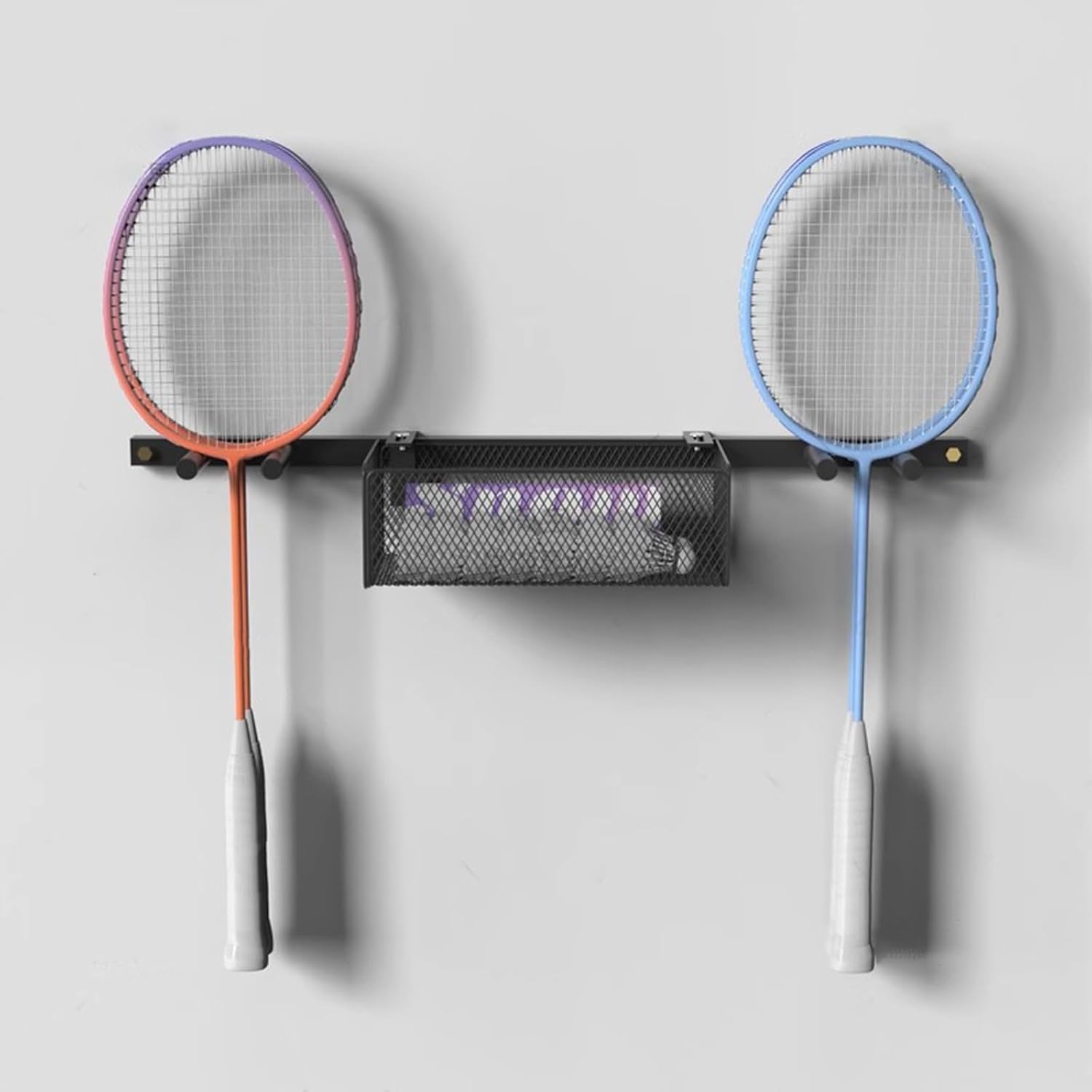 2 in 1 Wall Mounted Ball Holder Racket Rack, Hanging Equipment Organizer for Boys Bedroom/Studio/Garage, Metal Badminton Ping Pong Paddle Storage Display Stand