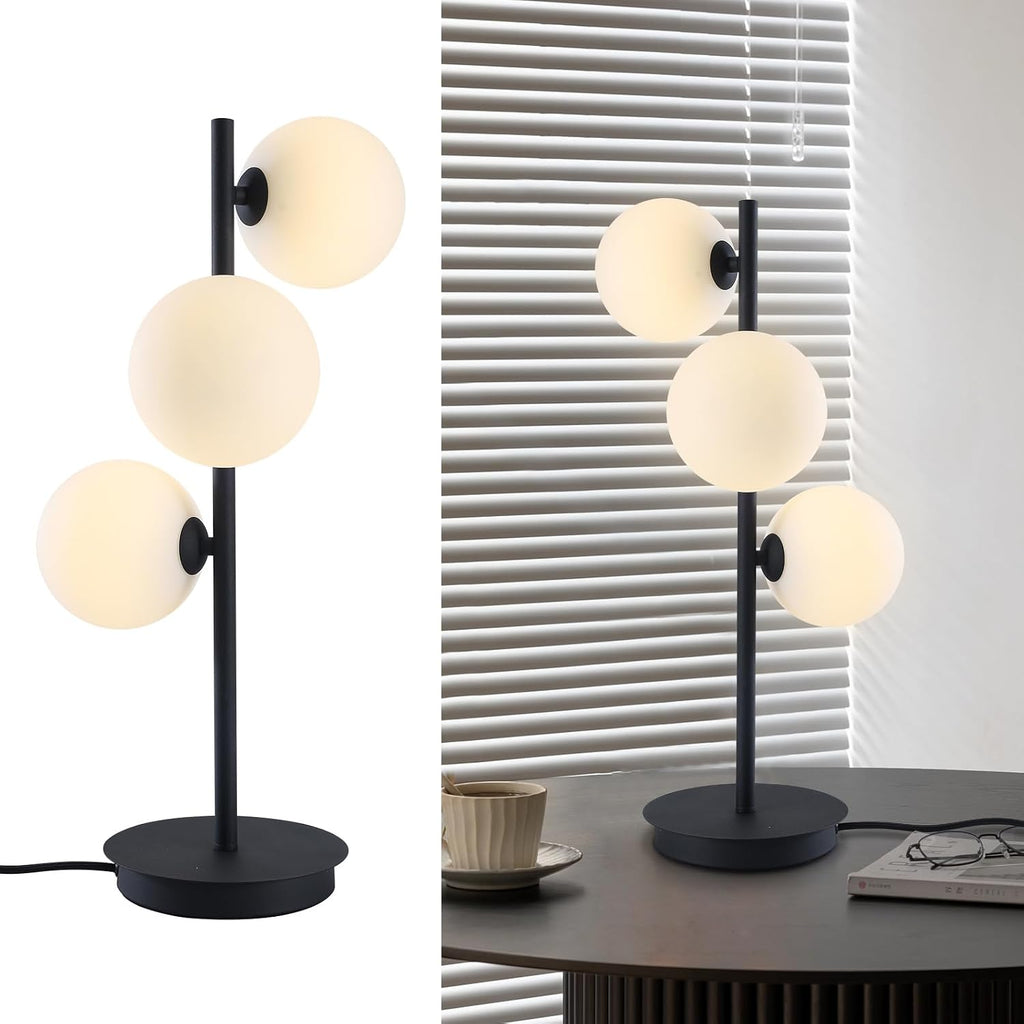 Mid Century Modern Table Lamp, Black Nightstand Lamp, White Glass Globe Desk Lamp, 3 Lights Contemporary Bedside Lamp for Bedroom Living Room Study Room