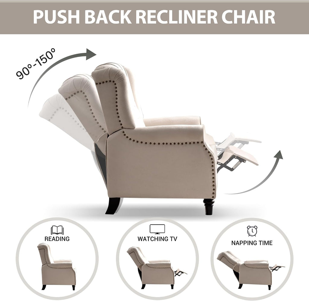 Bonzy Home Wingback Chairs Set of 2, Mid Century Modern Living Room Chairs, Fabric Push Back Recliner Chair with Rivet Decoration, Button-Tufted Back, Solid Wood Legs, Beige
