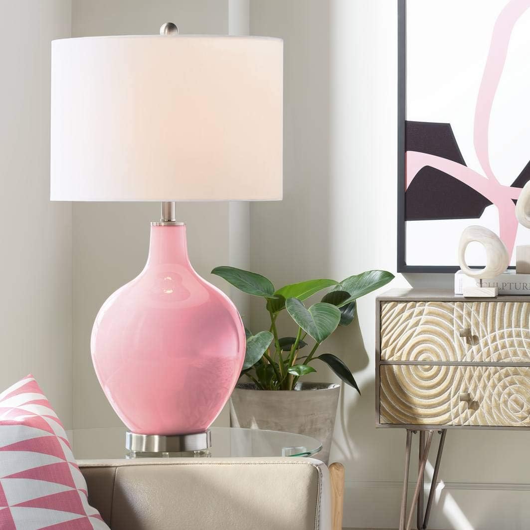 Color + Plus Modern Table Lamp 28.5' Tall Haute Pink Glass OVO White Linen Drum Shade for Living Room Family Bedroom Bedside Nightstand
