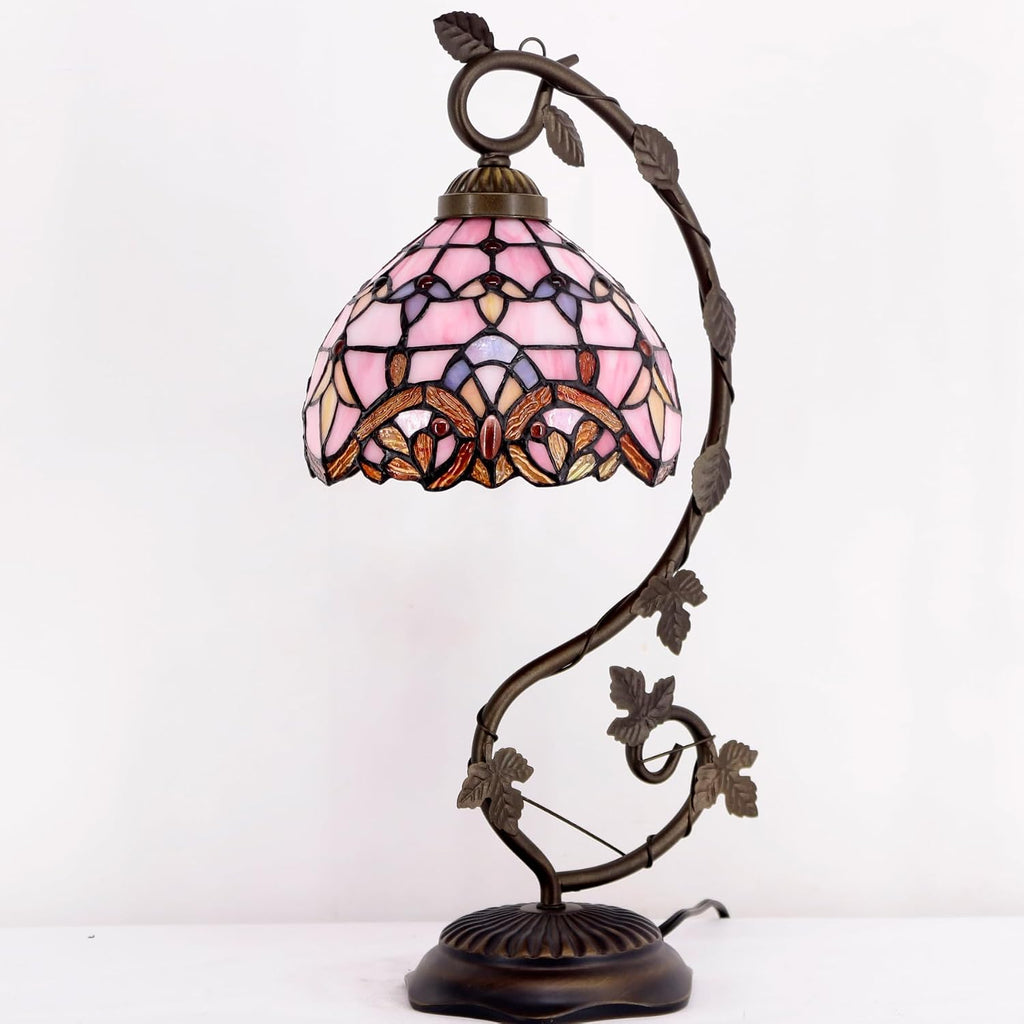 WERFACTORY Tiffany Table Lamp Pink Stained Glass Baroque Style Reading Desk Light, Metal Leaf Base 8X10X21 Inches Decor Small Space Bedside Bedroom Home Office S003P Series