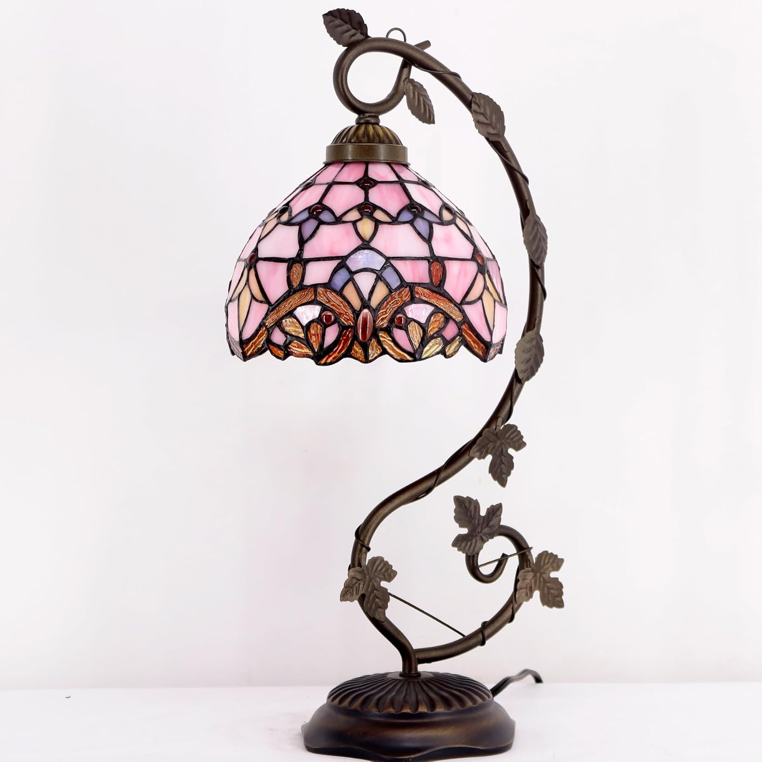 WERFACTORY Tiffany Table Lamp Pink Stained Glass Baroque Style Reading Desk Light, Metal Leaf Base 8X10X21 Inches Decor Small Space Bedside Bedroom Home Office S003P Series