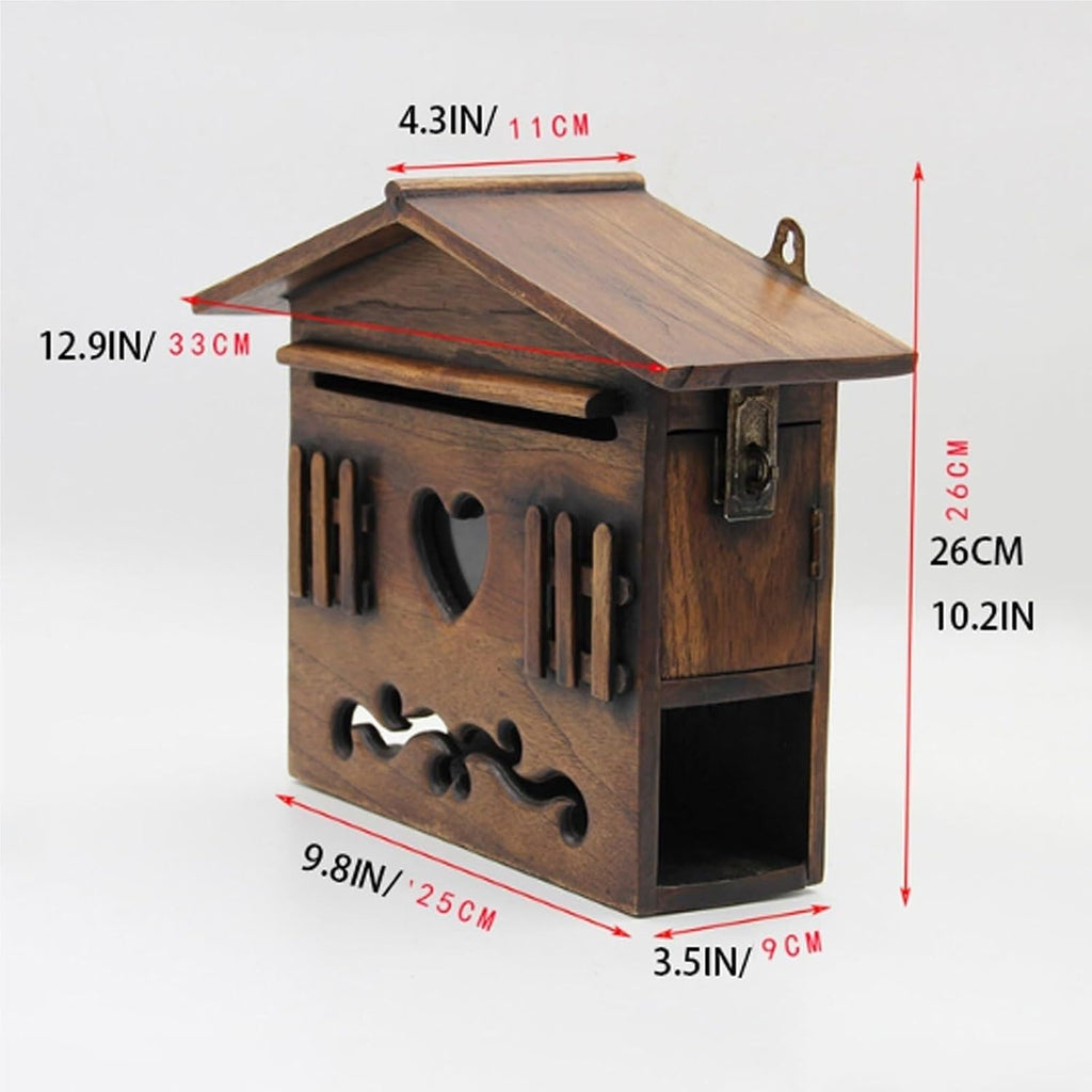 Heart Mailbox Wall Mount Drop Box House Letter Delivery Box Wooden Outdoor Curbside Mailbox Post Office Box Large Capacity(Large)
