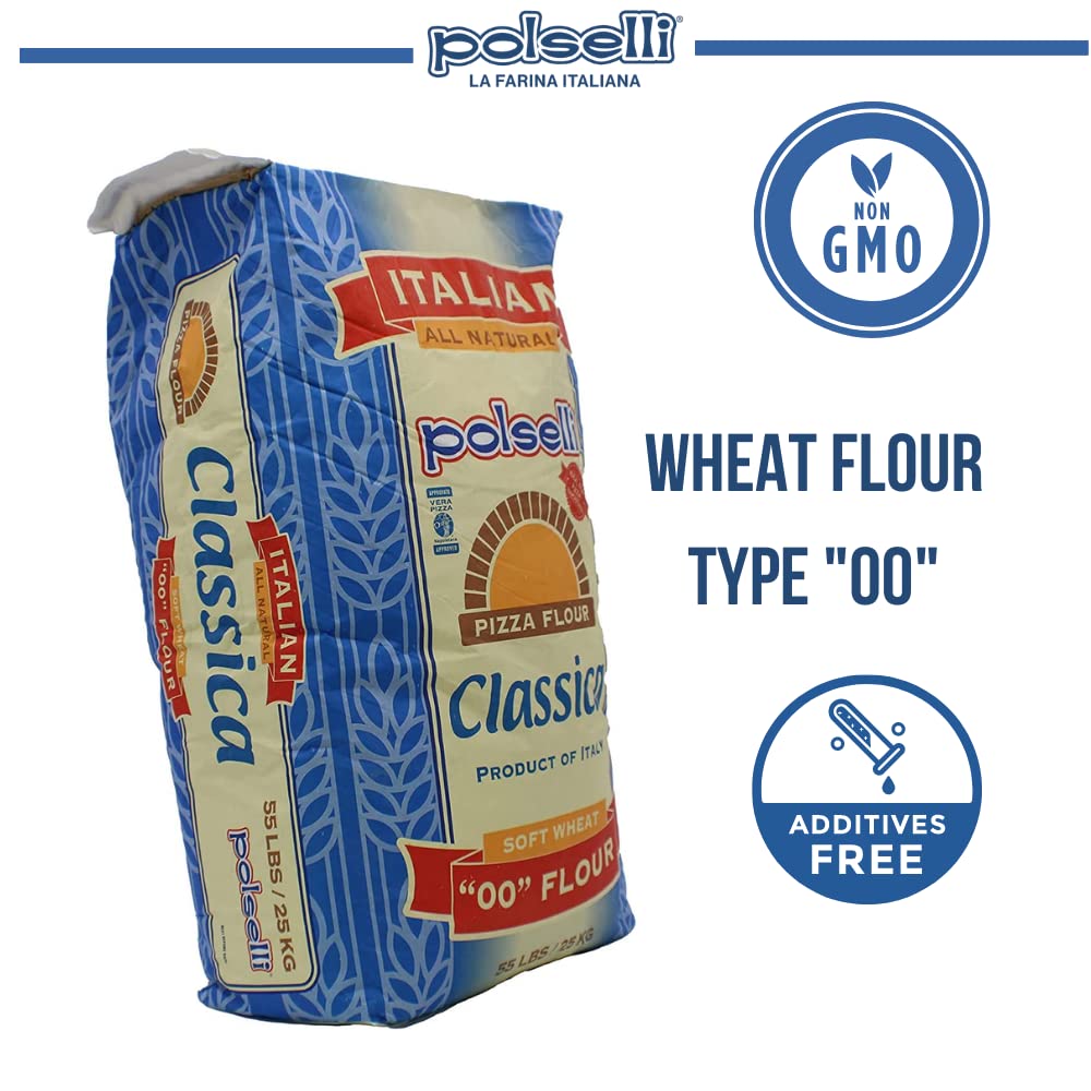 POLSELLI Classica, Tipo 00 Double Zero Flour, Soft Wheat, 25 kg (55 lbs) | All-Natural Type '00' European Flour For Pizza, Bread, Pastas, 8+ Hour Rise Dough; Unbleached, Unbromated, No Additives.