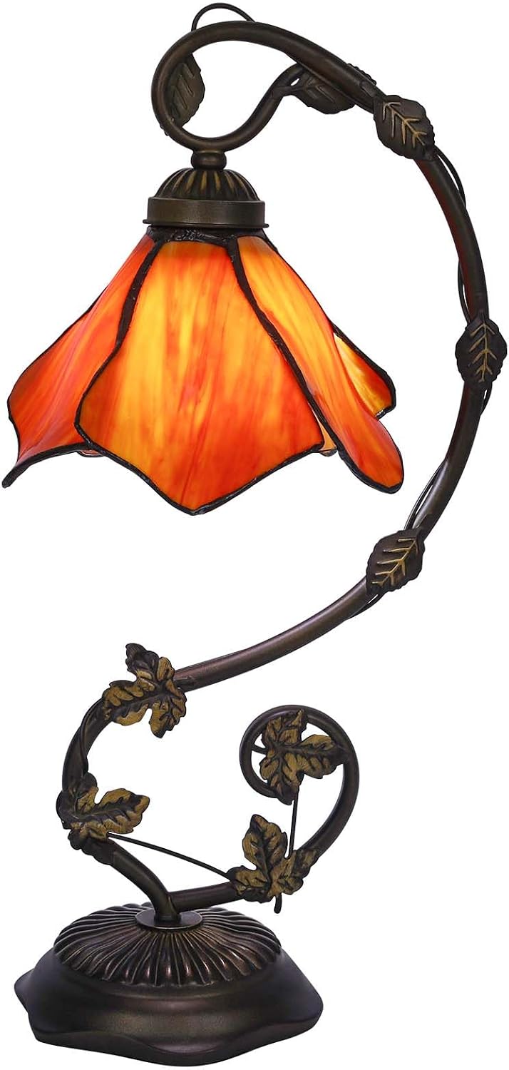 Stained Glass Table Lamp, Orange-Red Flower Style Metal Leaf Base Desk Reading Light, Adjustable 3 Color Temperature Decor for Bedroom Home Office