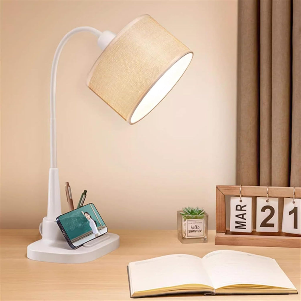 Table Lamps LED Desk Lamp with Fabric Lampshade, 360° Adjustable Desk Lamp Reading Light with Pen Holder and Phone Holder, for Home Office, 59' Power Cord Nightstand Lamps