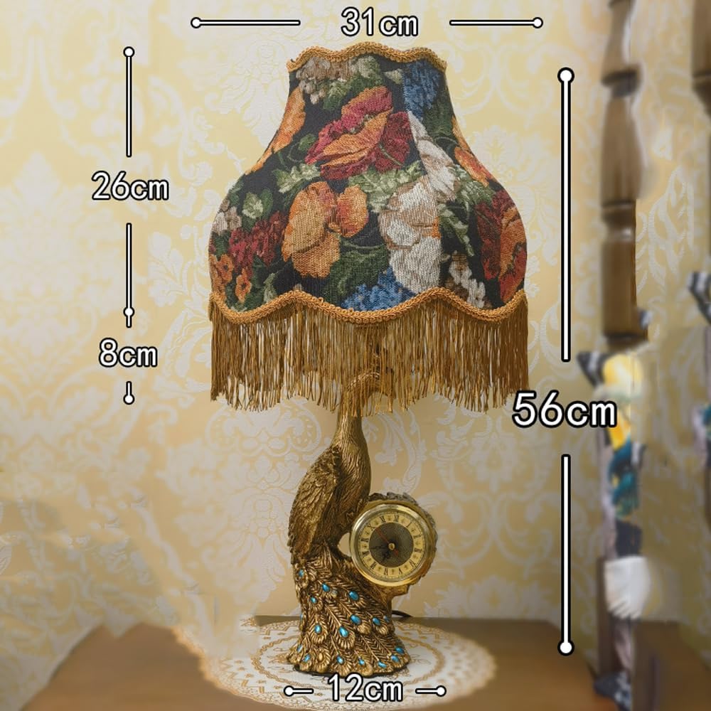 Gold Peacock Table Lamp with Clock Vintage Victorian Table Lamp for Living Room Fabric Shade Antique Bedside Lamp Retro Rustic Desk Nightstand Lamp for Farmhouse Bedroom Home Office Decor