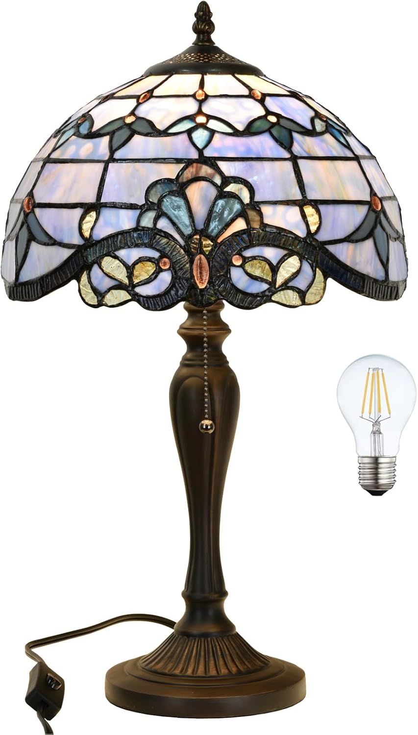TL0015 Tiffany Table Lamp, Blue Baroque Stained Glass Shade, W12×OH21.5in, LED Bulb Included, for Bedroom Living Room (Blue Baroque)
