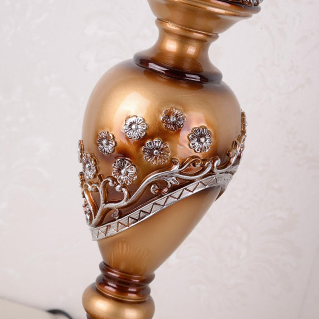 Vintage Table Lamp Beaded Fringe Lamp Brown Fabric Lampshade European Nightstand Lamp Flower Floral 1 Head VictorianTable Light with Lace