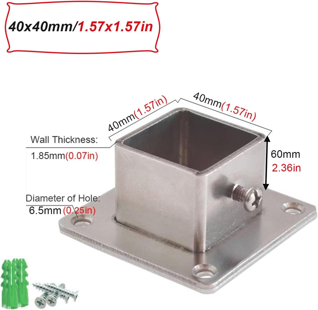 25 30 40mm Wide Square Anchor Base for Post，2/4 6 Pcs Stainless Steel Heavy Duty Post Base with Screws for Fence Deck Railing Support(4pack,40x40mm/1.57x1.57in)