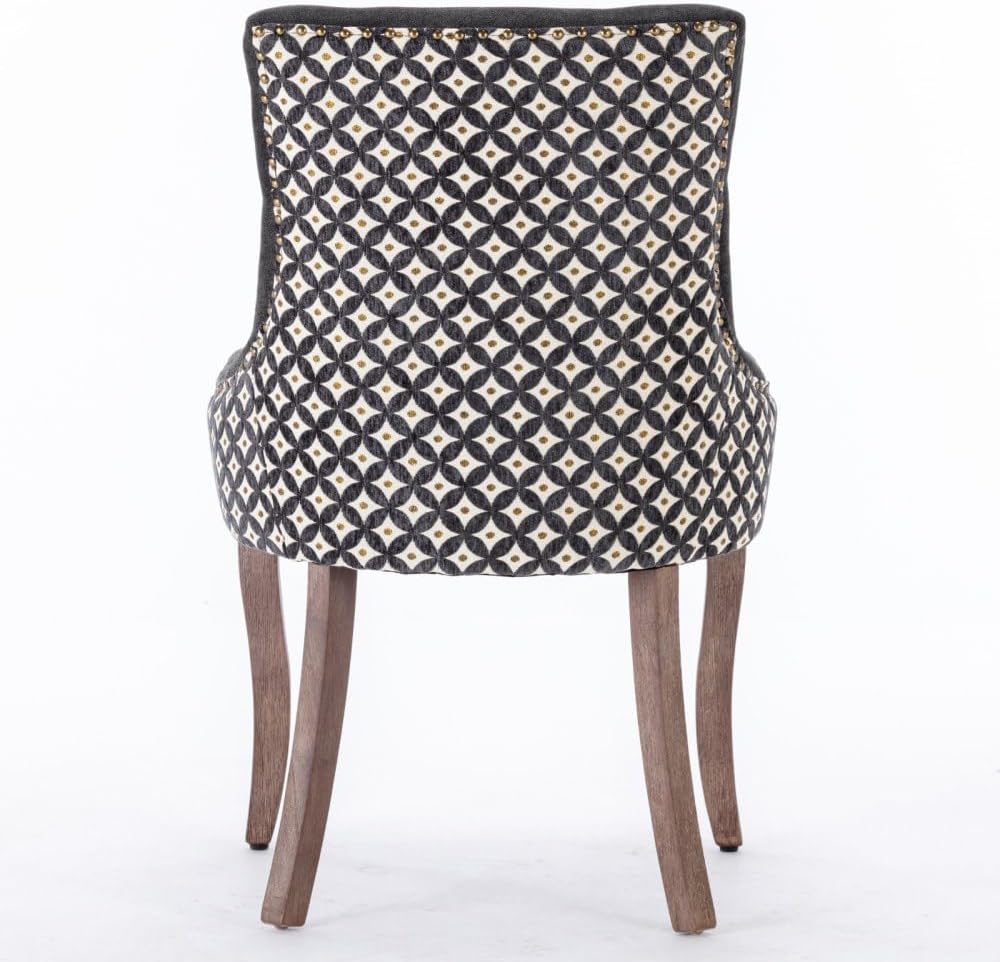 Dining Chairs Set of 2, Thickened Fabric Upholstered Chair with Neutral Solid Wood Legs & Bronze Nailhead Trim, Comfortable Accent Chairs for Dining Room/Kitchen/Living Space(Black+ Patterned+ Fabric)