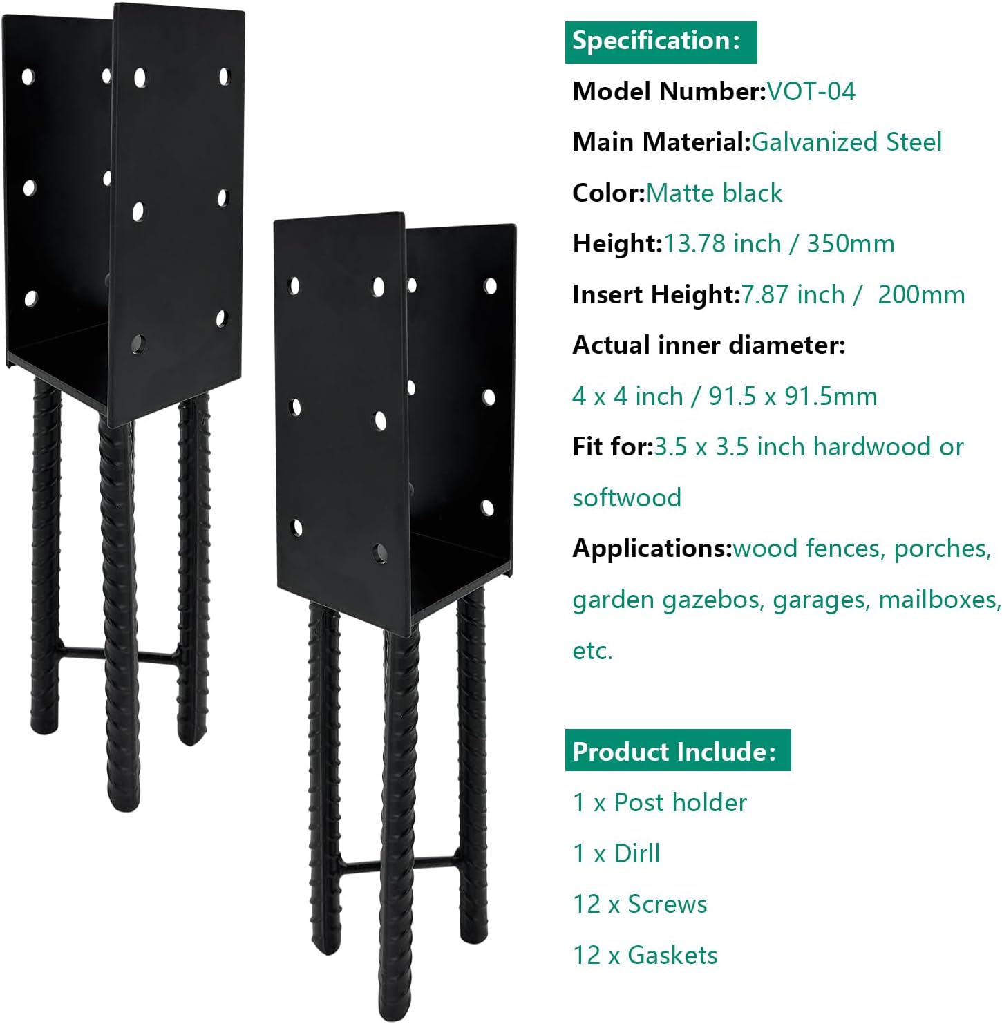 8pcs U-Shape Wet Concrete Post Holder for 4x4 4x6 4x8 Square Wood Post,Black Heavy Duty Post Anchor Steel Solid Rebar with for Wood Fence,Railing,Pergola