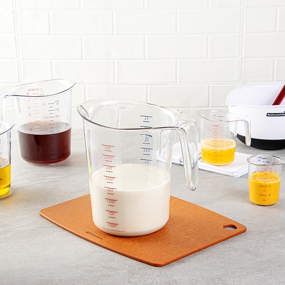 Restaurantware RW Base 4 Quart Measuring Jars 10 Durable Measuring Beakers - Metric And Imperial Units V-Shaped Spout Clear Plastic Measuring Cups Handle With Thumb-Grip Tolerates Up To 248F