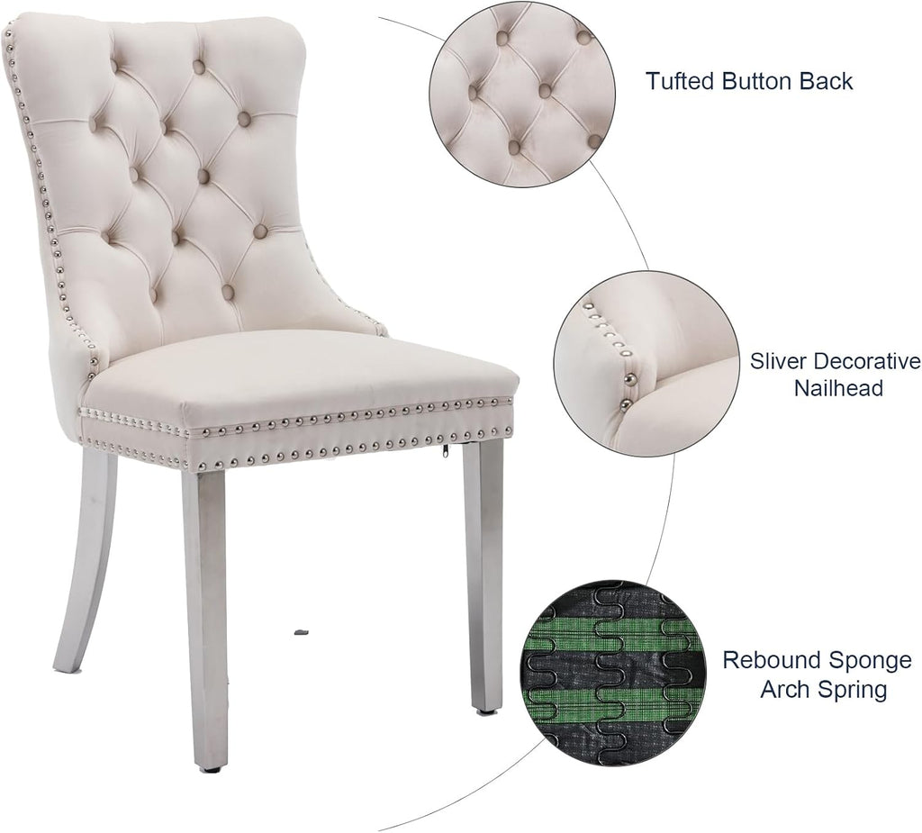 Velvet Dining Chairs Set of 6, Tufted Upholstered Dining Room Chairs with Back Ring Pull, Nailhead Trim and Sliver Stainless Steel Legs, Modern Dinning Chairs for Dining Room, Kitchen(Beige)