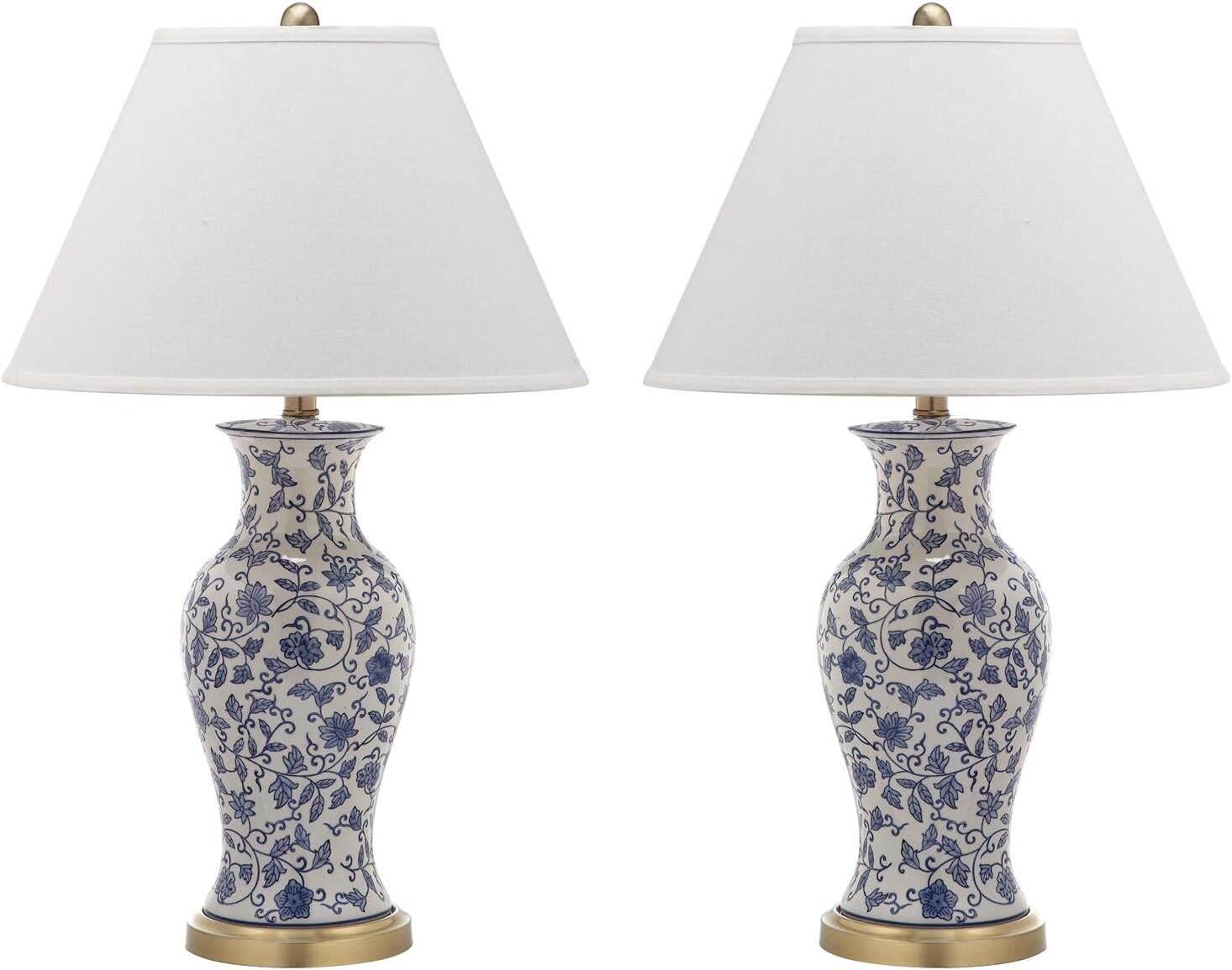 SAFAVIEH Lighting Collection – Beijing Floral Set of 2 Blue & White Ceramic Table Lamps with Antique Gold Accents, 29-Inch Chinoiserie Lamps, LED Bulbs Included (LIT4172A-SET2)