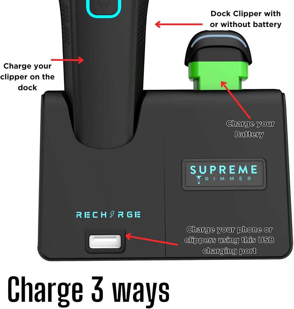 Supreme Trimmer Recharge Clipper - Professional Hair Clipper with 2 Removable Batteries, Brushless Motor, Smart Charge Stand, USB-C Charge & DLC Blades Barbers | STC779