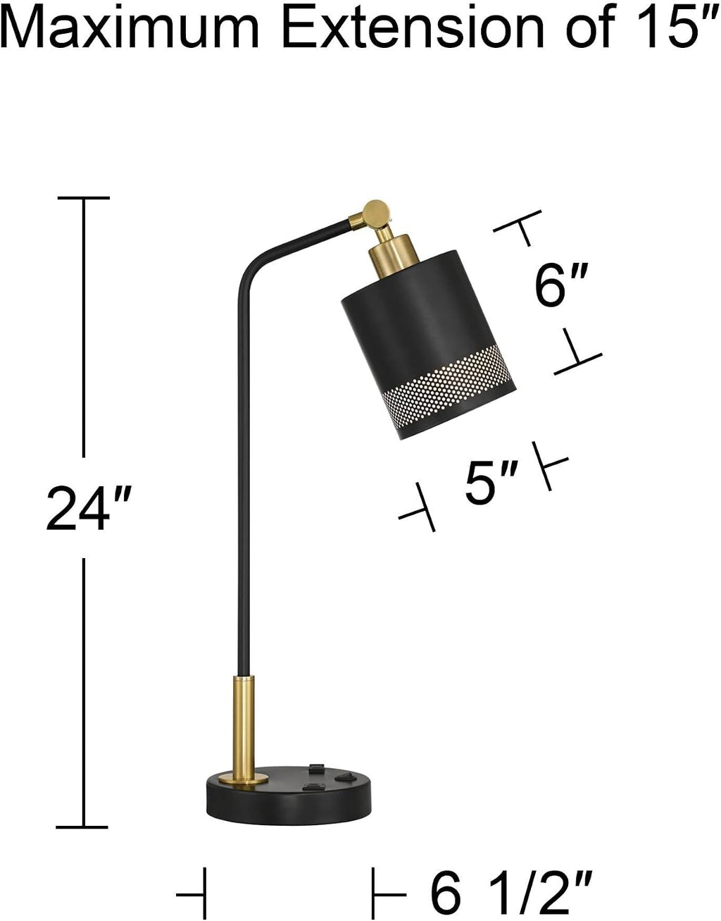 Possini Euro Design Keller 24' High Small Modern Desk Lamp USB Port AC Power Outlet Black Gold Brass Finish Metal Single Shade Home Office Living Room Charging Bedroom Bedside Nightstand House