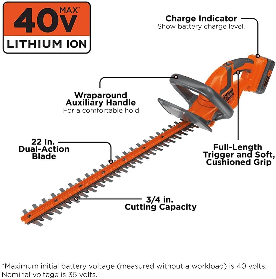 BLACK+DECKER 40V MAX Hedge Trimmer, 22' Blade Length, Powerful Motor with Reduced Vibrations, Sharp Blades for 3/4' Thick Cuts, Battery and Charger Included (LHT2240C)