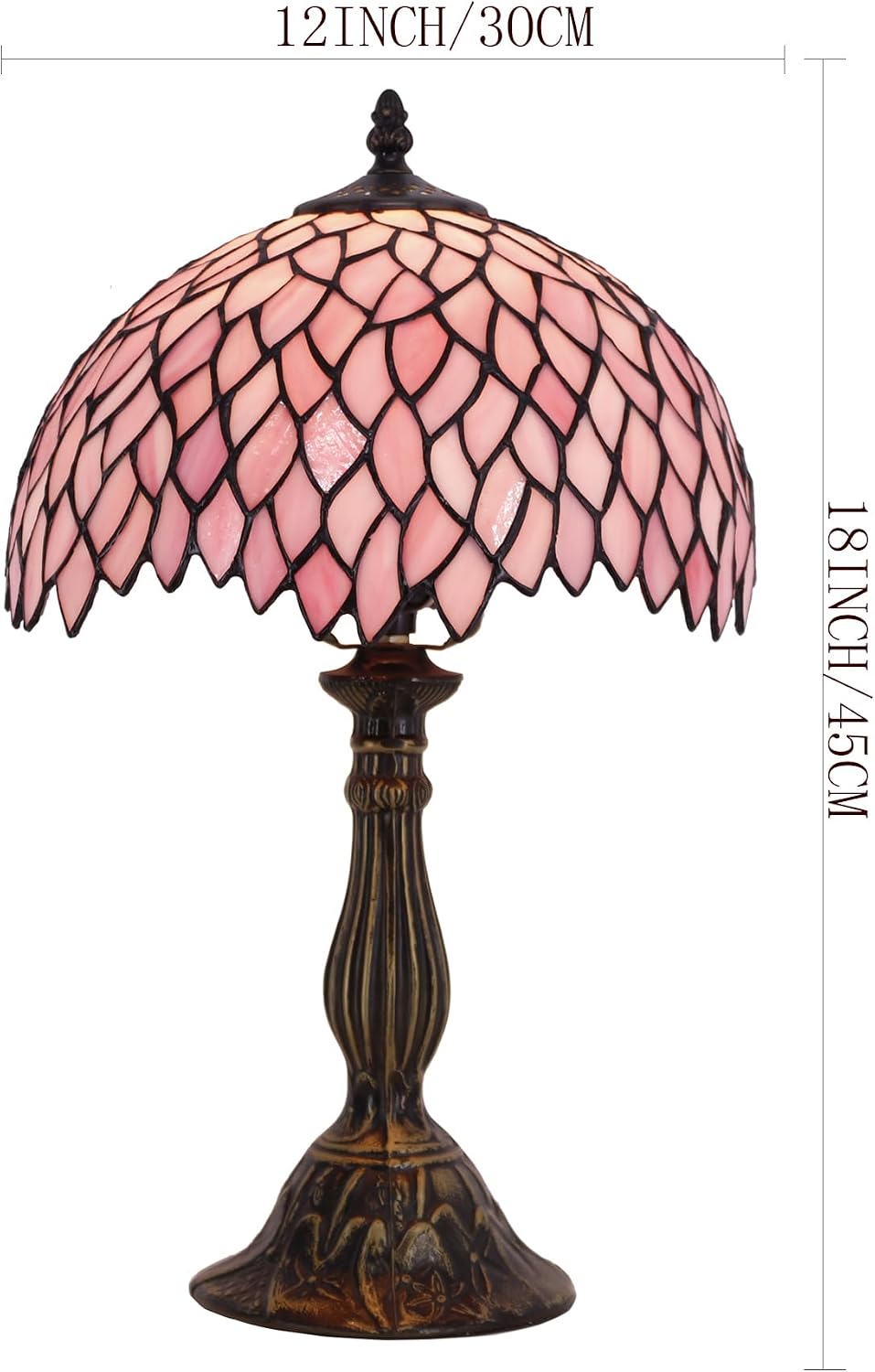 WERFACTORY Tiffany Table Lamp Pink Wisteria Style Stained Glass Desk Bedside Reading Light 12X12X18 Inches Decor Bedroom Living Room Home Office S523 Series