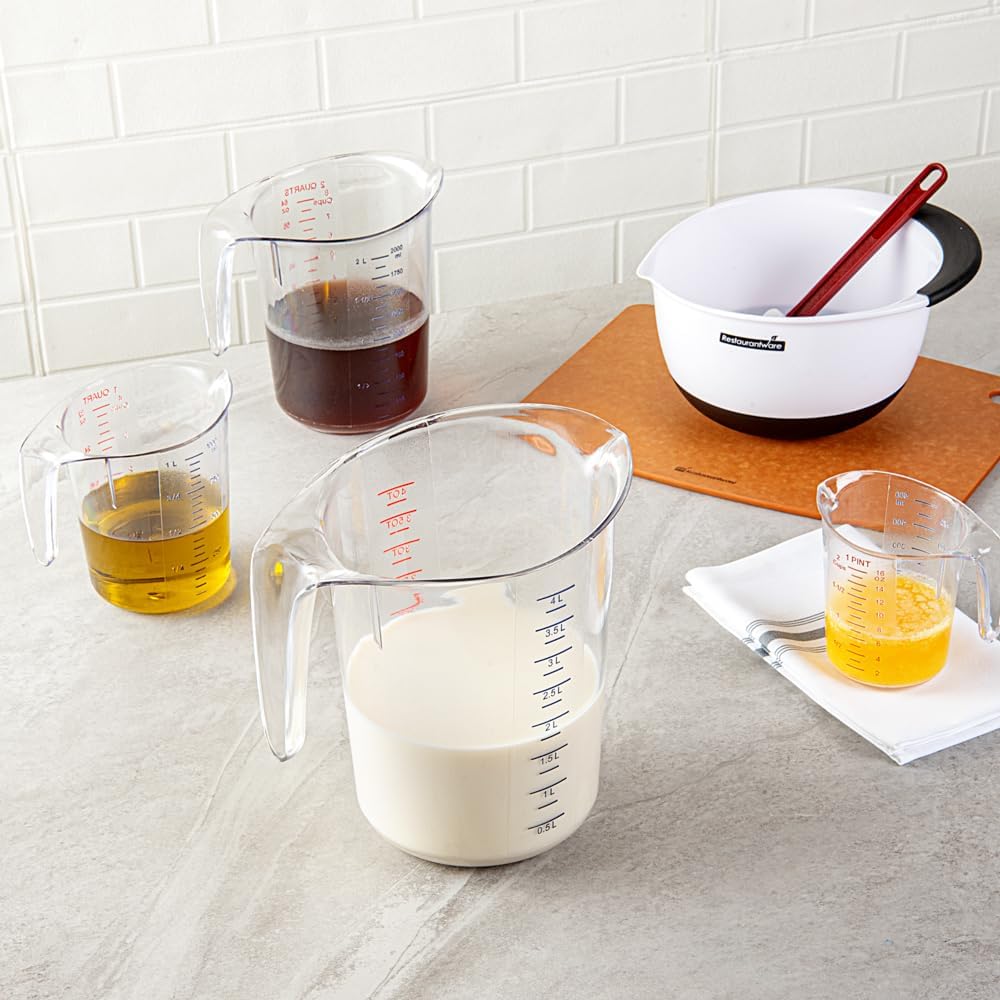 Restaurantware RW Base 4 Quart Measuring Jars 10 Durable Measuring Beakers - Metric And Imperial Units V-Shaped Spout Clear Plastic Measuring Cups Handle With Thumb-Grip Tolerates Up To 248F