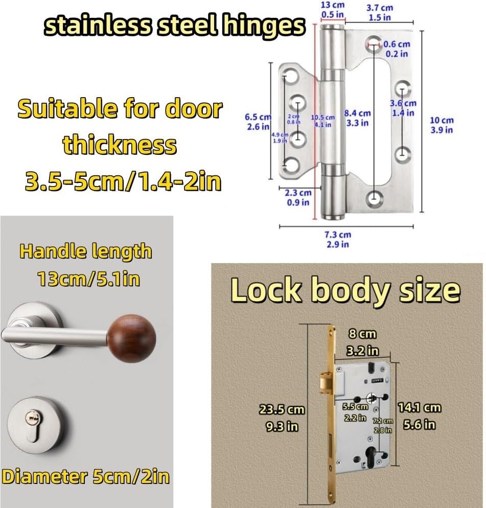 Interior Door knob with Lock, Retro Bedroom Silent Handle with Hinge and Door Stop, Handle Set for Dorm, Apartment and Study(Gold)