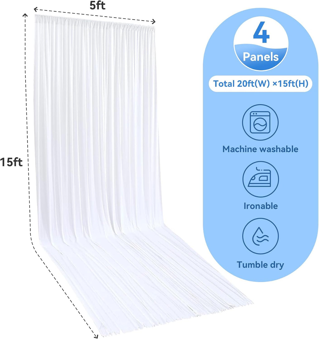 40ft x 15ft Long White Backdrop Curtains for Wedding Parties, Wrinkle Free Polyester 8 Panels 15 ft Photo Backdrop Drapes Back Drop Cloth Drapery for Birthday Photography Background Curtain