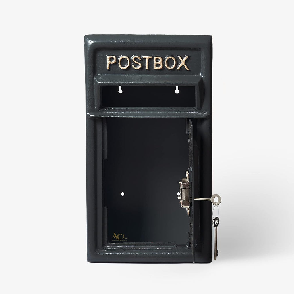 ACL Wall-Mounted Lockable Post Box - Durable Black Mailbox with Cast Iron Construction Secure Mail Storage (17D x 44H)