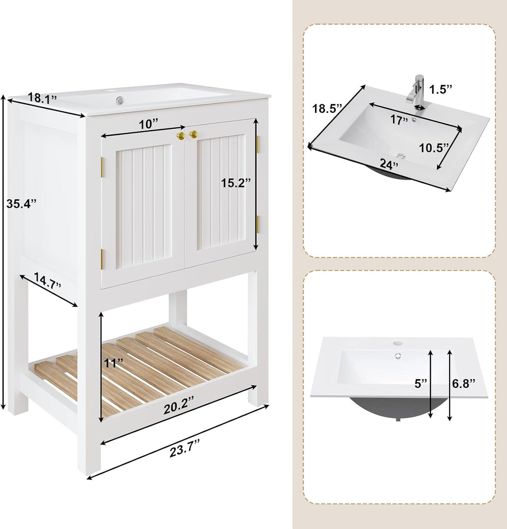 24 Inch Small Bathroom Vanity with Sink, Modern Bathroom Sink Cabinet with Open Shelf, Ceramic Basin, White