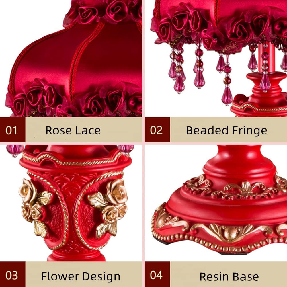 Red Victorian Lamp Antique Fabric Table Lamp European Pastoral Night Stand Lamp 1 Head Flower Floral Table Light with Beaded Fringe and Lace