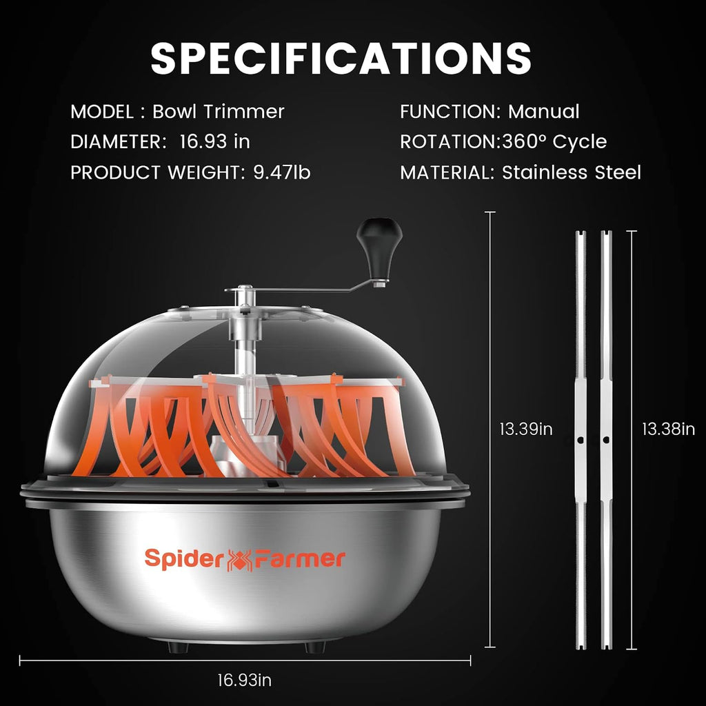 Spider Farmer Bud Leaf Bowl Trimmer 16', Manual Leaf Trimmer with Clear Dome, Sharp Stainless Steel Blades, Wet & Dry Use for Herbs & Hydroponic Plants, Includes Pruning Shears