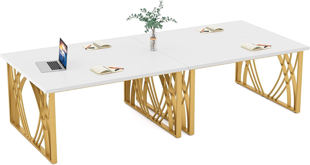 LITTLE TREE 55'' Large Modern Computer Desk, White & Gold Luxury Laptop PC Student Table, Makeup Vanity Table with Thick Frame & Strong Legs, Sturdy Writing Workstation for Home & Office