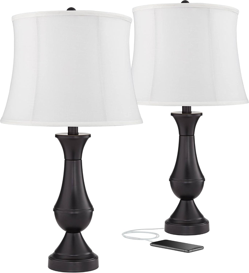 Regency Hill Traditional Table Lamps 25' Tall Set of 2 with USB Charging Port Bronze Metal LED Touch On Off White Softback Drum Shade for Bedroom Living Room House Home Desk Bedside Office