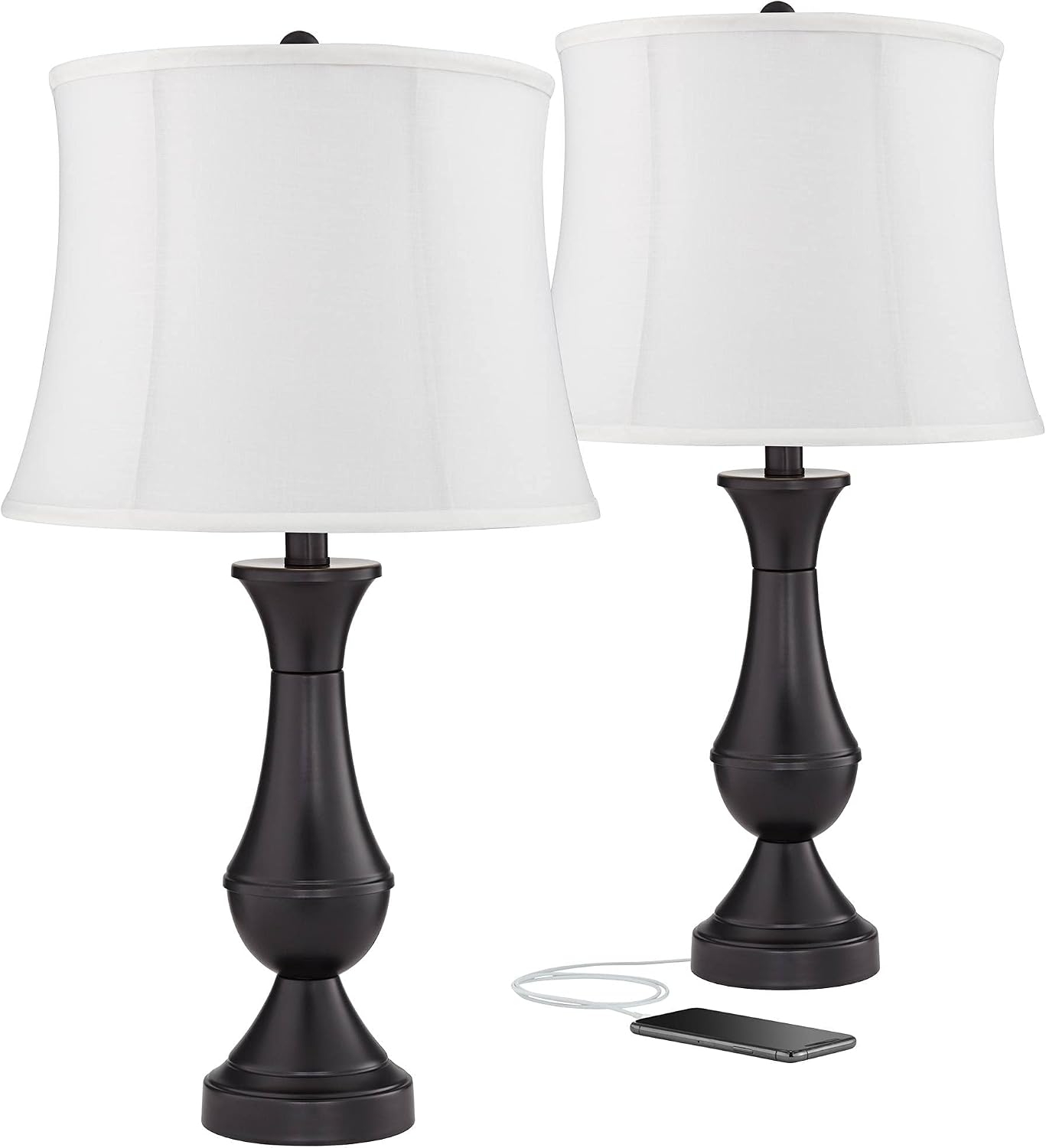 Regency Hill Traditional Table Lamps 25' Tall Set of 2 with USB Charging Port Bronze Metal LED Touch On Off White Softback Drum Shade for Bedroom Living Room House Home Desk Bedside Office
