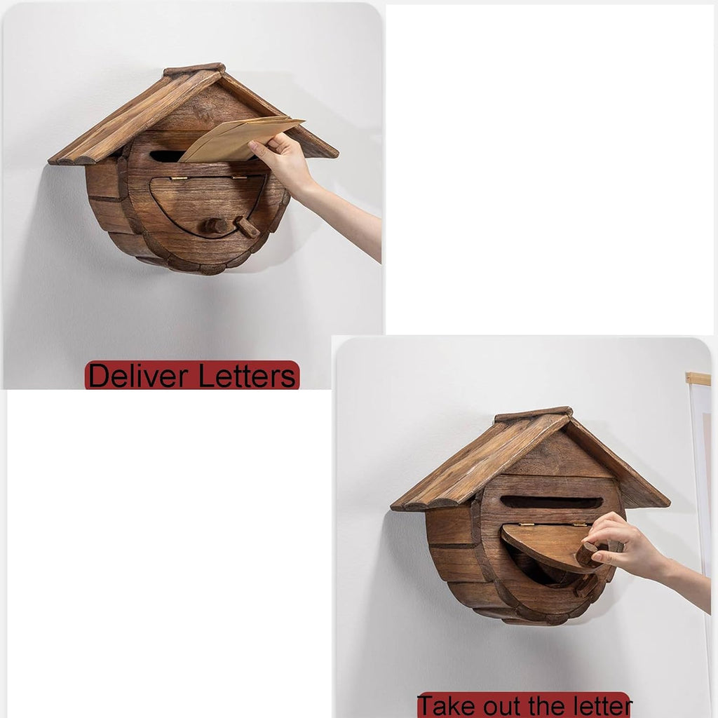 Outdoor Wall Mounted Mailbox Handmade House Type Wooden Mailboxes with Rainproof Eaves Parcel Boxes with Hanging Clasp Compact