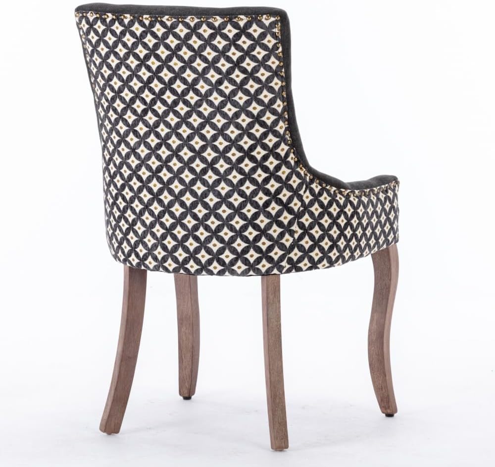 Dining Chairs Set of 2, Thickened Fabric Upholstered Chair with Neutral Solid Wood Legs & Bronze Nailhead Trim, Comfortable Accent Chairs for Dining Room/Kitchen/Living Space(Black+ Patterned+ Fabric)
