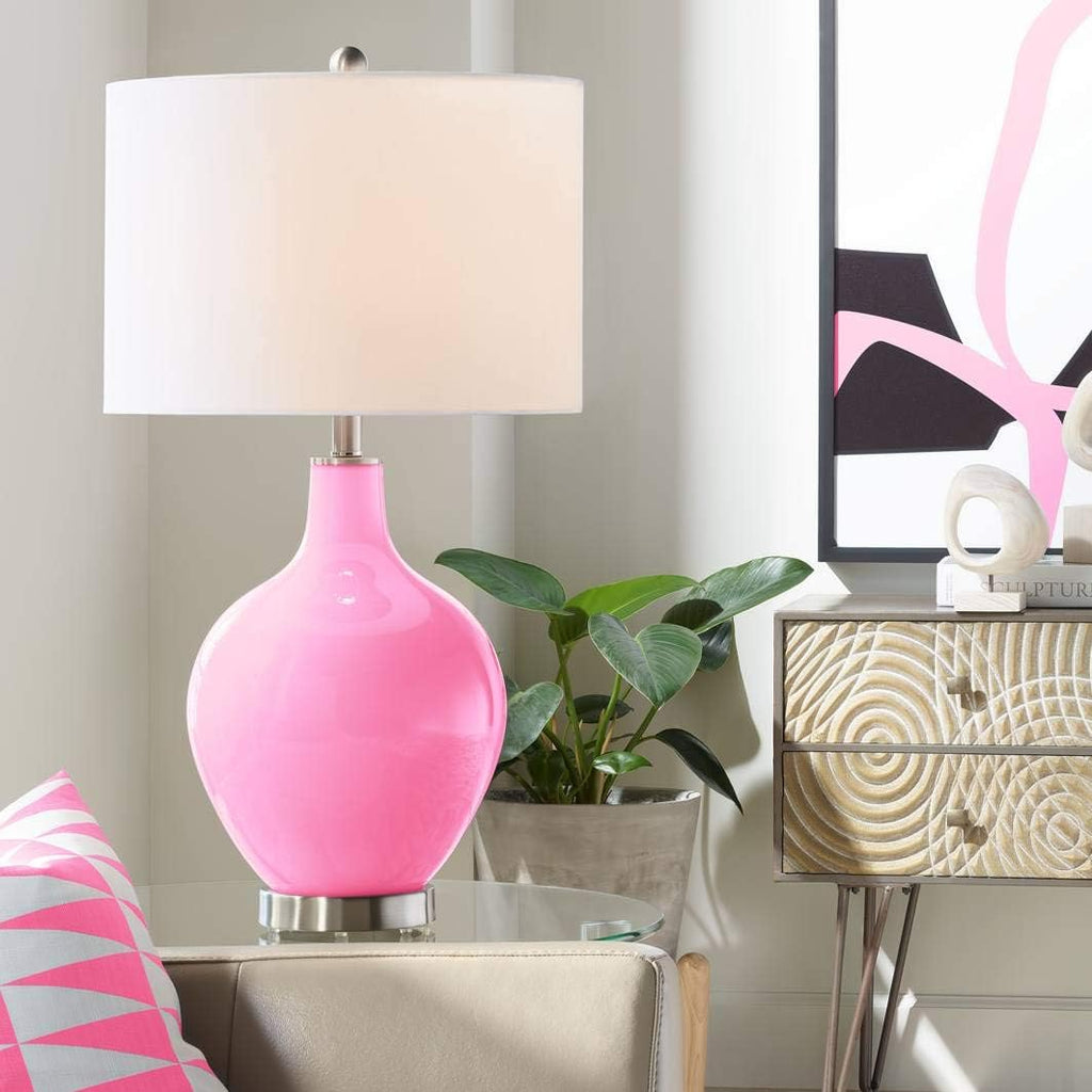 Color + Plus Modern Table Lamp 28.5' Tall Pale Pink Glass OVO White Linen Drum Shade for Living Room Family Bedroom Bedside Nightstand Office
