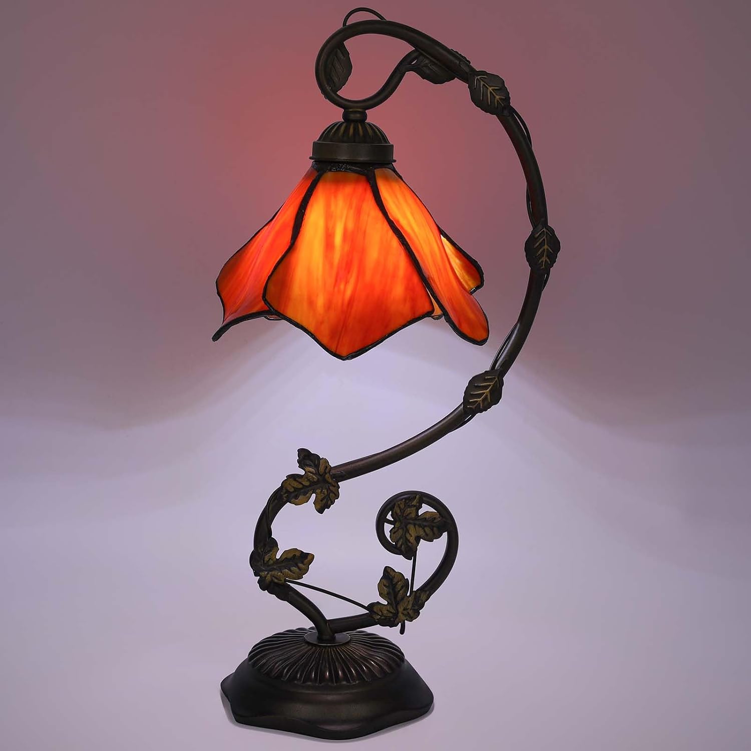 Stained Glass Table Lamp, Orange-Red Flower Style Metal Leaf Base Desk Reading Light, Adjustable 3 Color Temperature Decor for Bedroom Home Office