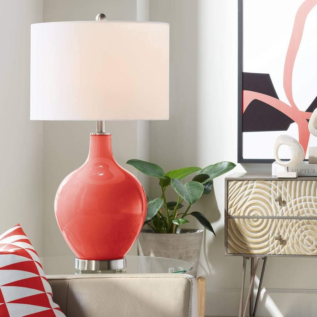 Color + Plus Modern Table Lamp 28.5' Tall Cherry Tomato Glass OVO White Linen Drum Shade for Living Room Family Bedroom Bedside Nightstand