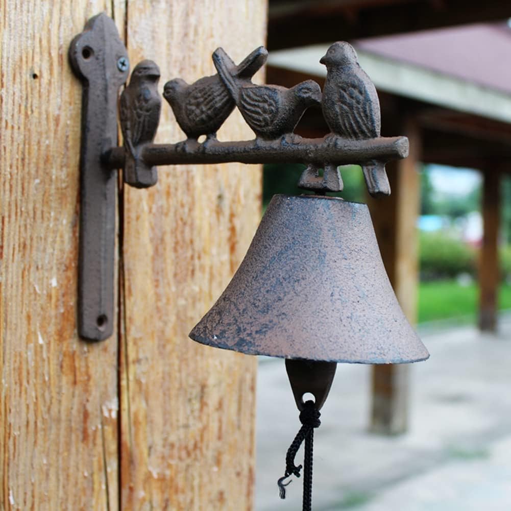 Door Bell, Decoration Bell with Bracket, Vintage Door Bell,Manual Doorbell， Cast Iron Garden Heavy Decorative Four Birds Door Decoration Bell Hanging Wall Ornaments Garden Home Wall Decoration Retro D